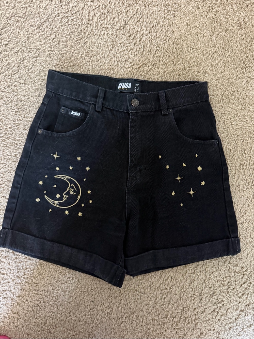 Minga Black High-Rise Jean Shorts with Gold Moon & Star Embroidery
